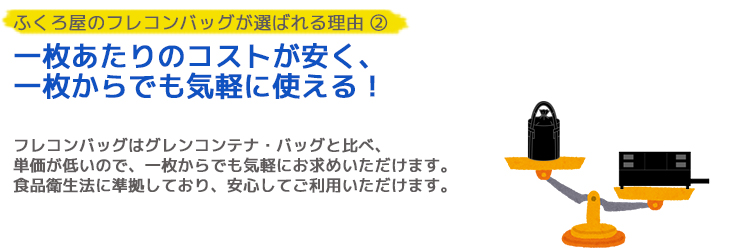 ふくろ屋のフレコンバッグが選ばれる理由 ② 一枚あたりのコストが安く、 使用環境に合わせたフレコンバッグを使える   フレコンバッグはグレンコンテナ・バッグと比べ、 一枚あたりの価格が低いので、通気性に優れたものや 小さいサイズなど、好きな仕様を選べます。